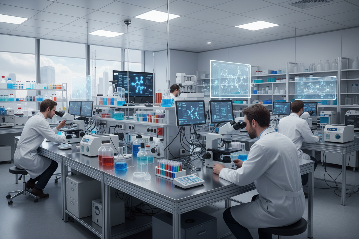 Laboratory featuring scientists and microscopes